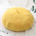 Yellow wool knit beret hat for women featuring a soft texture and top tab detail - Yellow / Adjustable