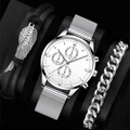 Detail of silver mesh watch set with wing pendant leather bracelet and cuban link chain - Silver 657-1