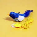 Blue plush bird cat toy with yellow feathers and an elastic suction cup base attachment - Hanging Blue Bird Toy