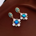 Vintage gold cameo drop earrings with blue enamel and crystal details on silk - Blue Flower Portrait Style (S925 Silver Pin)
