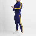 Detail view of navy tracksuit featuring yellow contrast stripes and slim-fit stand collar - Royal Blue and Yellow