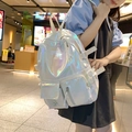 Holographic silver school backpack with multi-pocket design and rainbow laser finish - White