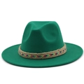 Detail of dark green wool fedora featuring a rainbow braided band on a wide flat brim - Grass Green