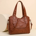 Vintage brown PU leather tote bag with double handles and detachable shoulder strap - Brown