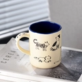 Creamy beige ceramic cat mug with navy blue interior and hand-drawn kitten illustrations - 350ml / Blue Cat