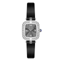 Square silver watch with rhinestone bezel, grey sunray dial and black leather strap - Silver Case Black Dial Black Strap