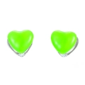 Detailed view of neon green heart-shaped stud earrings with polished silver metal backing - Platinum-Green