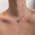 Silver snake bone chain necklace featuring a minimalist black-inlaid V-shaped pendant - Silver-Black V