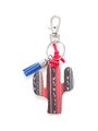 Cactus wooden keychain with ethnic patterns, blue tassel, and metal lobster clasp detail - Red Blue Ethnic Cactus/Blue Tassel
