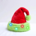 Red plush Christmas hat with green faux fur trim and colorful glowing LED lights - 45*32cm / New Red-Green LED Edge Adult Multicolor