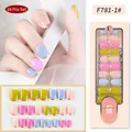 French press-on nails in pink, blue, and green with elegant gold edges, set of 24 pieces - F781-1/Square/Multicolor Gold Edge