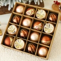 Detailed overhead view of 16 assorted copper and rose gold Christmas ornaments in a kraft box - 16 Pieces Pack / Champagne