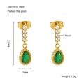 18K gold plated stainless steel teardrop earrings with green gemstone and pearls - 18K Gold / Green Waterdrop Gemstone (ZE1222G-03)