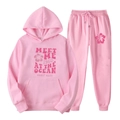 Survêtement en polaire rose avec imprimé floral et slogan MEET ME 1962 sur le devant - S / Haut Et Bas / Rose (Imprimé 1962)