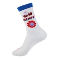 White crew socks with blue cuffs featuring cherry patterns and HAPPY text design - 959-Cherry Happy