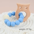 Blue silicone beads and beech wood owl teething bracelet for infants, weight 37.5g - Owl/Blue Beads