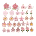 Set of 30 pink enamel flower charms for DIY jewelry making including daisy and cherry blossoms - Mixed 30Pcs Enamel Pink Flowers Set