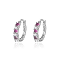 Elegant silver hoop earrings with alternating red rubies and clear white zircons - White Gold Plated Copper / Red