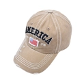 Detail view of khaki baseball cap with AMERICA embroidery and distressed vintage edges - Khaki