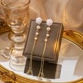 Elegant long tassel earrings with white resin rose, pearl accents and gold finish - E668-2-Vintage Rose Pearl Tassel Drop