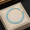 Tennis bracelet featuring light blue rectangular zircon stones set in silver metal - 18cm+Extension Platinum Plated Sea Blue Zircon