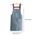 Blue linen apron with brown straps, Hello embroidery, and front pockets, size 71x68cm - Leather Blue - Waterproof H-Strap Button