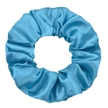 Detail of lake blue satin scrunchie showing smooth silk texture and pleated fabric - Green Blue