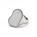 Detailed close-up of irregular silver geometric ring with white inlay and mirror finish - US 6 / Steel White Mother of Pearl