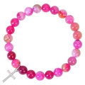 Pink zebra jasper beaded bracelet with silver cross charm and natural stripe patterns - Confirmation Card / Banded Agate