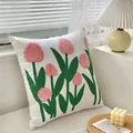 White square cushion cover with 3D pink tulip flower embroidery in French country style - Romantic Tulip (Cover Only)