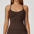 Dunkelbraunes Yoga-Tanktop mit überkreuztem Rücken, elastischem Mattenstoff und V-Ausschnitt - S / Kaffeebraun