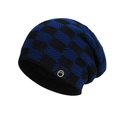 Blue and black geometric plaid knit beanie with thermal fleece lining and mountain logo - Blue