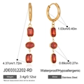Detailed view of stainless steel earrings with red zircons showing size and weight info - Red Rectangle Zirconia Hoop Earrings (JDE0312202-RD)