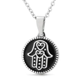 Hamsa Hand necklace with heart motifs in silver and black finish on white background - Silver Hamsa Hand Heart Style (KP46115-K)
