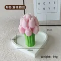 Pink tulip flower scented candle bouquet with green stems on a white heart tray - Tulip (Pink Shangri-La)