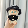 Labubu plush toy in black fleece jacket and hat with Baby letter accessory - Black Wooden Button Sweater + Dark Black Hat / First And Second Generation Keychains Are Compatible With La Cloth Dolls. Dolls Not Included.
