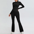 Slim fit black yoga set with half-zip long sleeve top and high waisted flare leggings - S / Black