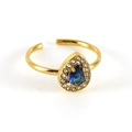 Bague dorée réglable avec zircon bleu en forme de poire et petits cristaux blancs - Ouvert Réglable / Zircone Bleue