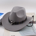Classic mid-grey wool felt fedora with ethnic woven band and metal bull head charm - Tibetan Cloth Bull Head / Gray