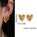 Golden heart earrings with irregular texture and colorful gemstones, model wearing view - Colored Rhinestone Heart Style (E0903)