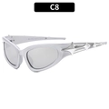 Silver futuristic cyberpunk sunglasses with star accents and cat-eye frames - Silver Frame White Mirror Lens