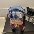 Ethnic bohemian bucket bag in blue leather with colorful woven geometric patterns - Light Blue