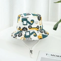 Kids cotton bucket hat in white featuring colorful cartoon construction truck prints - White-Green Excavator