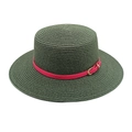 Detailed weave texture of dark green straw sun hat with fuchsia faux leather belt buckle - M(56-58cm) / Dark Green