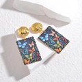Goldene quadratische Ohrhänger im Ölgemälde-Stil mit bunten Schmetterlingsmustern - Schwarz Schmetterling Floral (E957-hei)