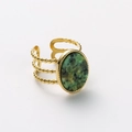 Anello vintage in acciaio inossidabile con pietra naturale verde e finitura dorata - R01032-Oro Avventurina Verde Ovale-Bordo a Tripla Perlina