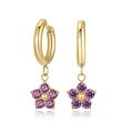 Titanium steel hoop earrings with purple zircon plum blossom flower pendants in gold - Gold + Purple Zirconia