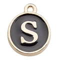 Round gold-plated charm with black enamel inlay featuring letter S for DIY jewelry - Letter S / 1 Piece (12x14mm) / Black