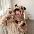 Conjunto de invierno 3 en 1 de panda de peluche caqui con capucha, bufanda y guantes - Panda Caqui