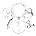 Medical keychain with pink floral skeleton charm, syringe, and stethoscope pendants - Artistic Skeleton